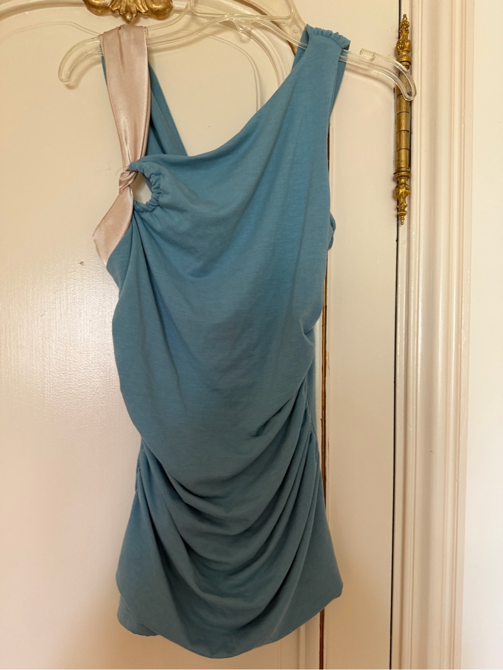 Draped One-Shoulder Blue blouse  with Satin Detail